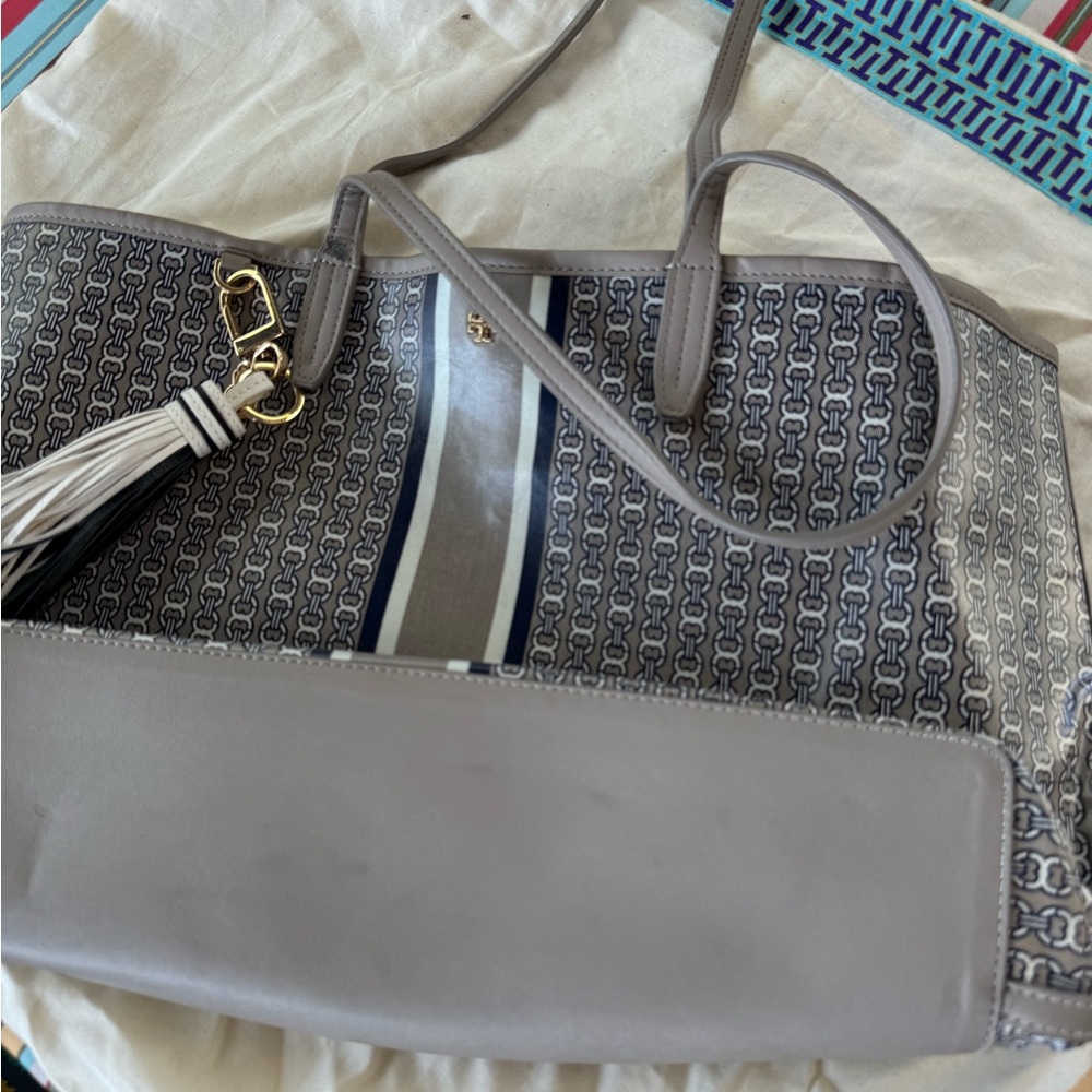 Tory Burch Gray and Blue Patterned Tote